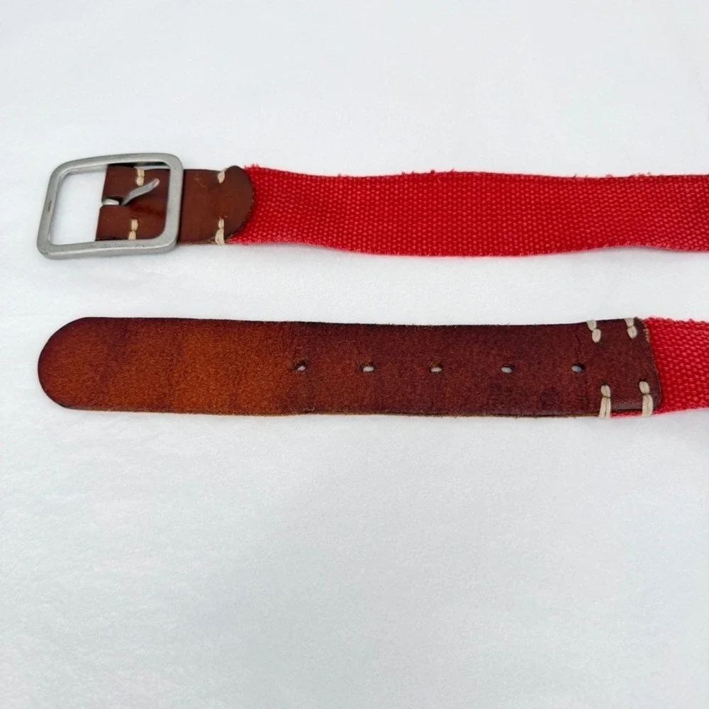 Express Belt Canvas Leather Trim Solid Brass Buckle Casual Mens Unisex Size 38*